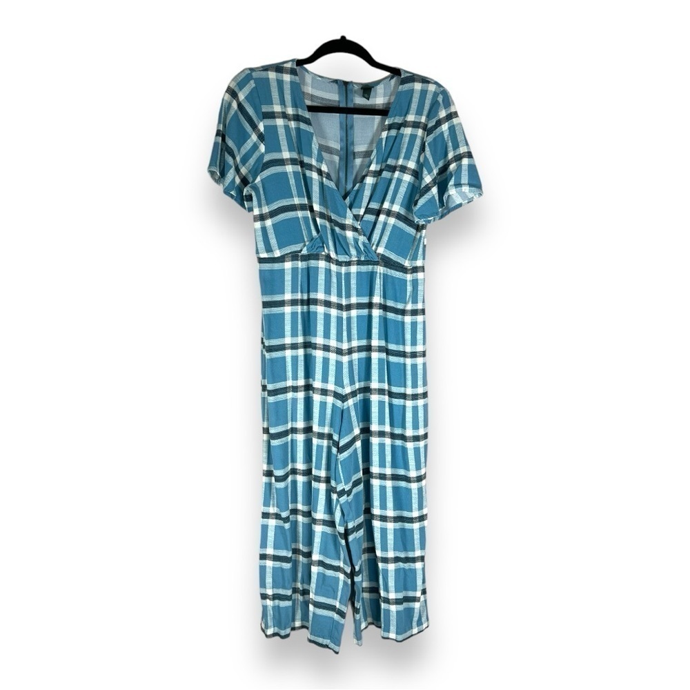 MEDIUM WILD FABLE BLUE PLAID JUMPSUIT SHORT SLEEVE ELASTIC WAIST  PREPPY CASUAL